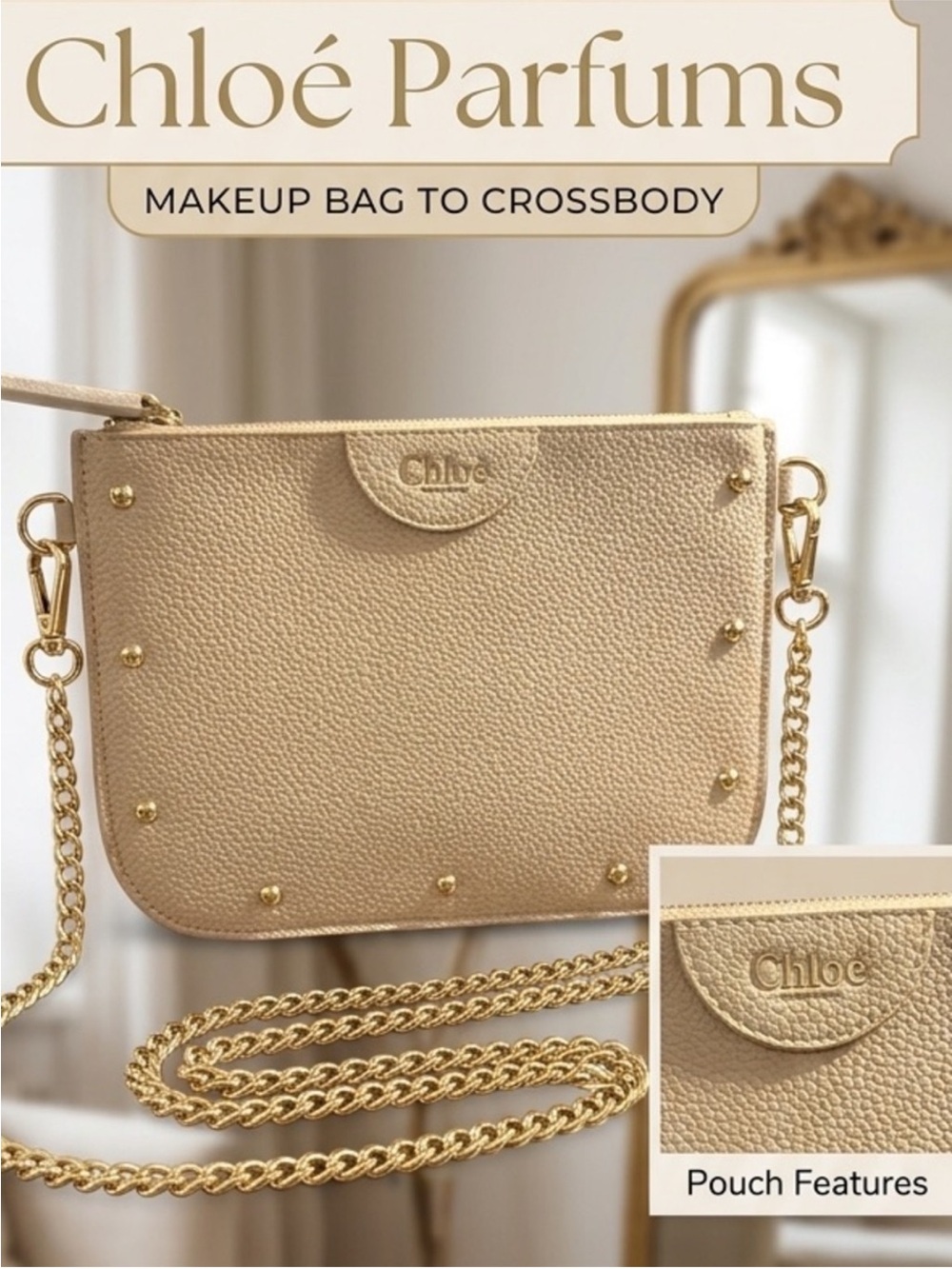 Chloe Parfums Cosmetic Beige Crossbody Shoulder Bag with Gold Chain